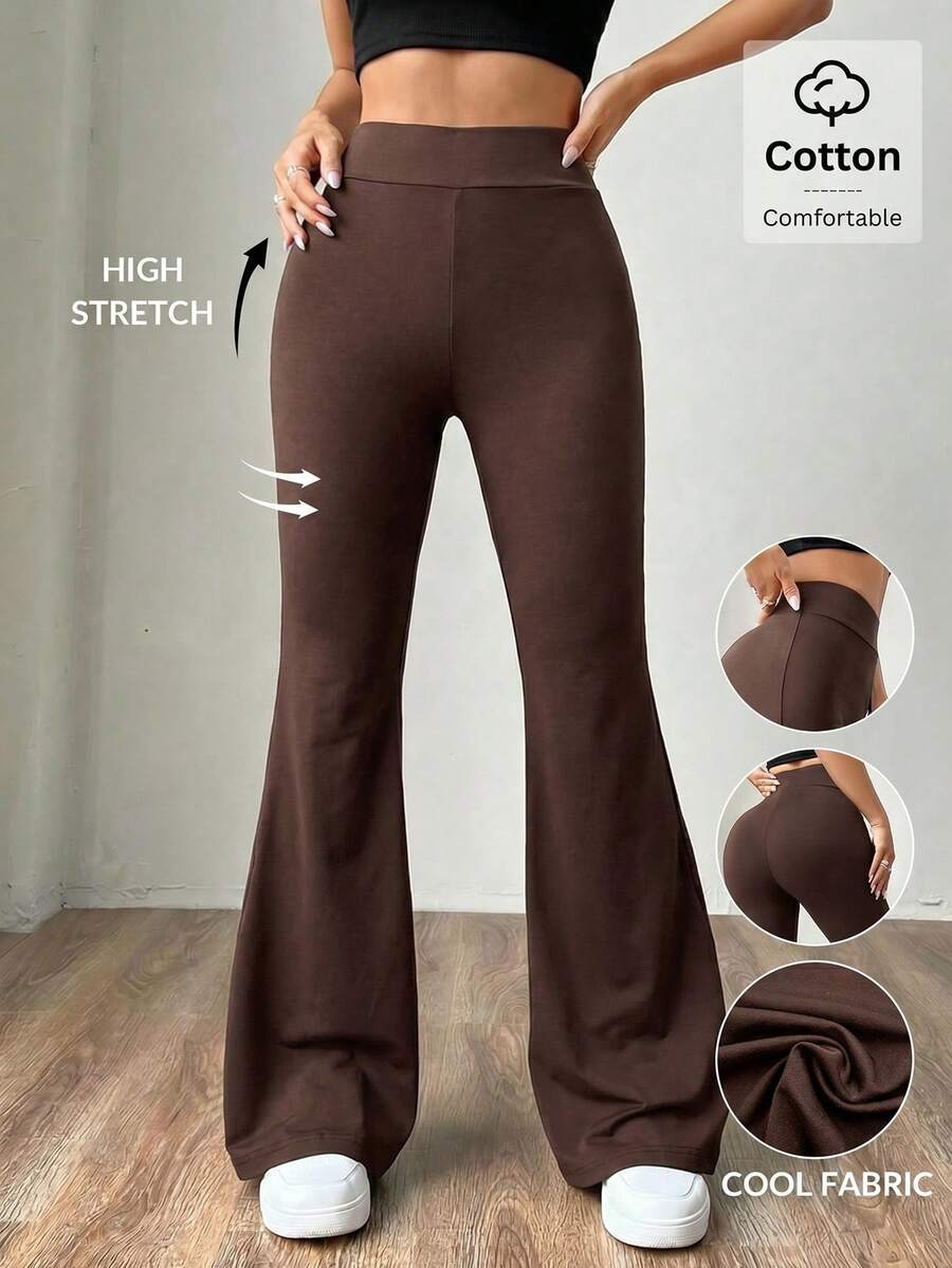 SHEIN EZwear 女款素色高腰修身針織喇叭褲 - 巧克力棕 - 查看 1