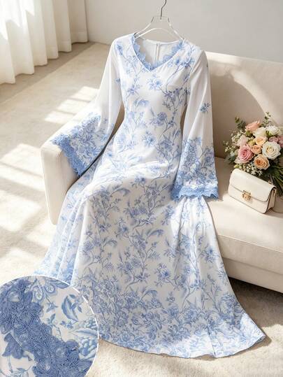Al Najma Đầm dạ hội thanh lịch cổ chữ V, tay dài, thắt eo, xếp ly, phối nhiều lớp dành cho nữ.