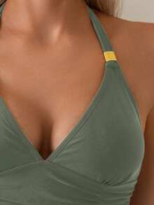 Swim Lushoire 女款小方金屬肩帶掛脖繫帶比基尼上衣 - 軍綠色 - 查看 3