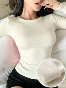DAZY 女款素色百褶修身百搭日常旅行長袖T恤 - 白色 - 查看 3