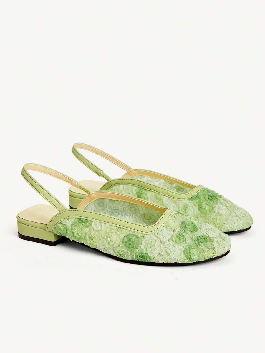 CUCCOO CHICEST Sepatu Wanita Musim Semi dan Musim Panas Model Baru Ujung Bulat Hijau Gaya Peri Prancis Mary Jane Sepatu Datar Jala Sepatu Bermotif Bunga yang Bernapas - Hijau - View 1