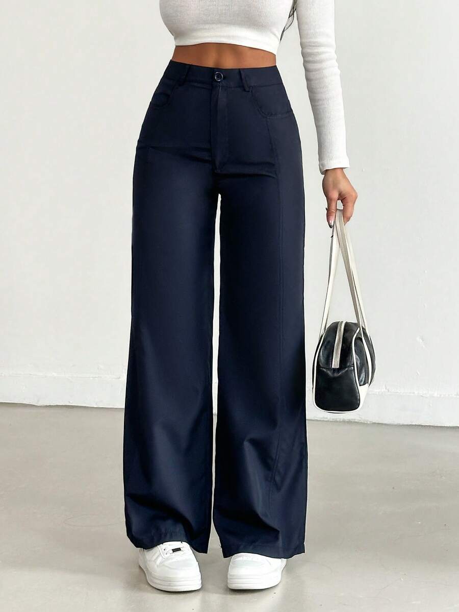 SHEIN Cottnline Women's Solid Color Straight Pants - Blue - View 1