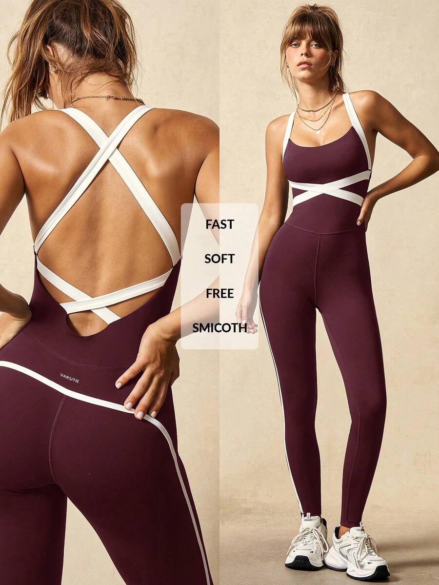 VARSIVA Jumpsuit Olahraga Panjang Wanita dengan Bagian Belakang Bersilang - Burgundy - View 1