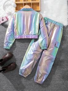 SHEIN 青少年女孩秋季開學時尚拼色套裝，激光機車風夾克配對兩件式套裝 - 彩色 - 查看 2