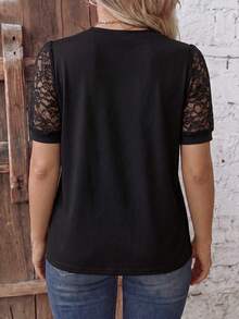 EMERY ROSE Women's Spring/Summer New Hot-Selling Lace Patchwork Design Casual Versatile Plus Size T-Shirt - Black - View 2