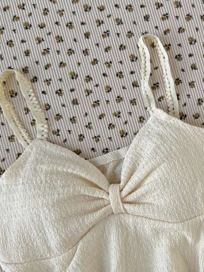 SHEIN Tween Girls Kids Casual Vacation Cream Dopamine Color Palette Knit Textured Asymmetric Ruffle Design Camisole Tank Top, Teen Y2K Youth Fashion Outfit, Summer Vacation Travel, Suitable For Back To School, Holiday Family Outdoor Autumn Picnic, Daily Wear, Spring/Summer Clothing, Beach Outfit, Commute, Elegant, Beach, Bohemian, Hawaii, Music Festival