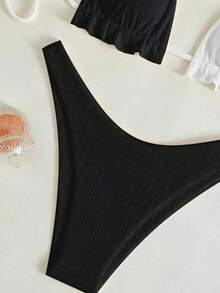 Swim Basics Damen Sommer Strand Farbblock Neckholder Bindung Sexy Mode Bikini Zweiteiler Badeanzug Set, ohne Bügel - Schwarz und Weiss - Übersicht 5
