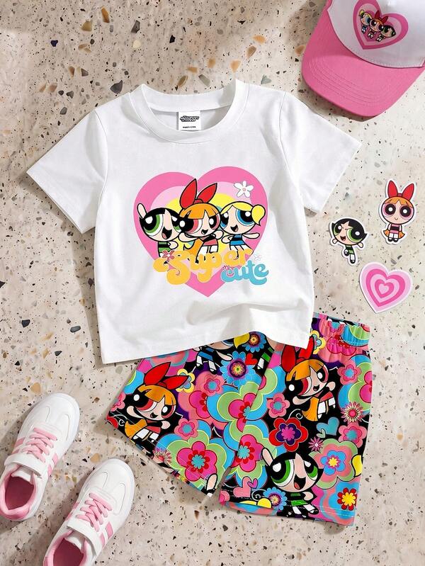 THE POWERPUFF GIRLS X SHEIN GraphicGems 1 Set Baby Girl Casual Cute Cartoon Print Round Neck Short Sleeve T-Shirt And All-Over Print Shorts Set