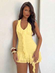 Aloruh Women's Ruffle Halter Neck Asymmetric Design Mini Dress - Light Yellow - View 3
