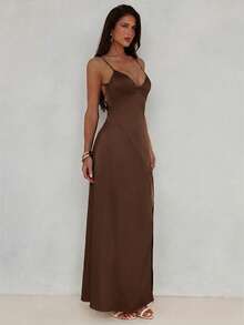 Aloruh Women's Elegant Solid Brown Long Dress Backless Lace Patchwork Spaghetti Strap Dress Night Out Summer - Coffee - View 4