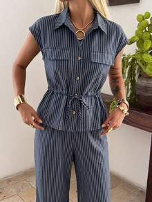 DAZY Conjunto de 2 piezas de blusa sin mangas con cintura anudada y pantalones rectos de estilo casual para vacaciones, primavera/verano - Azul Marino - Ver 6