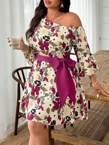 Weeklong Vestido mini bohemio de vacaciones con estampado floral naranja, hombro asimétrico, manga corta con volantes, talla grande - Multicolor - Ver 1