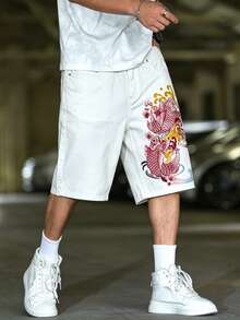 GALLERY FADE Men's Fish Pattern Patch Pocket Loose Casual Denim Wide Leg Shorts - White - View 6