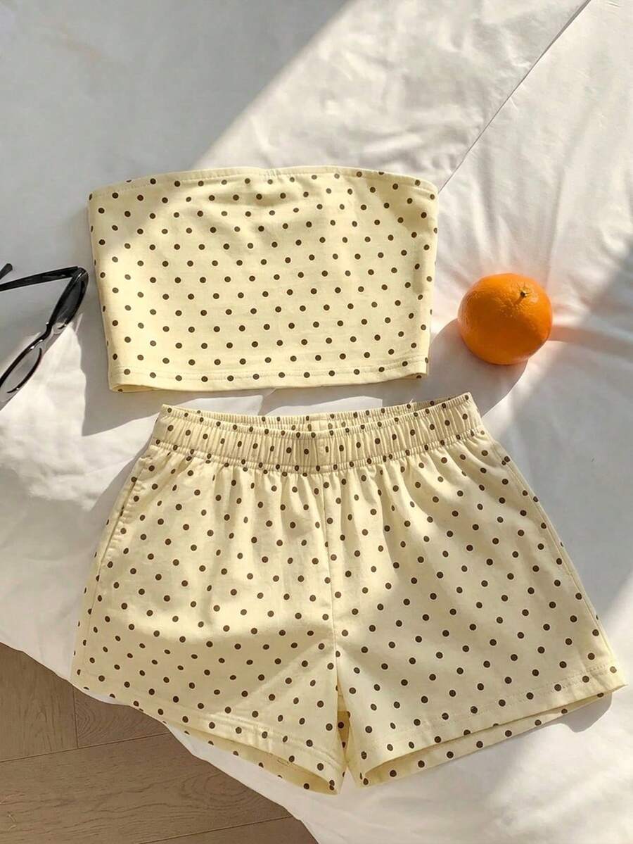 SHEIN EZwear 休閒簡約優雅通勤百搭保暖女裝通勤套裝海灘度假夏季兩件組奶油黃底黑波點抹胸上衣與短褲 - 彩色 - 查看 1