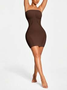 SHEIN Vestido miniajustado sin costuras y sin tirantes de unicolor para mujer - Marrón Chocolate - Ver 3