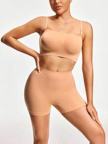 SHAPORA Women's Solid Color Cropped Camisole And Shorts Shapewear Set - Apricot - View 5