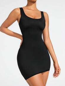 SHAPORA Women's Solid Color Sleeveless Square Neck Bodycon Dress - Black - View 6