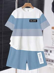 Tween Boy Casual Minimalist Short Sleeve Crew Neck T-Shirt And Shorts Set, Suitable For Summer, Classic Cool Square Split Pattern Print, Cool Exquisite Small Logo Text Pattern Print - White - View 6