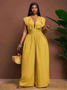 Veslaya Spring Summer Music Festival Easter St. Patrick's Day Tropical Vacation Wedding Guest Sleeveless V-Neck Loose Plus Size Jumpsuit - Mustard Yellow - Pale Yellow - View 7