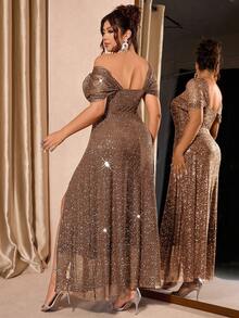 Vestido con hombros de malla con lámina metálica de nueva moda para mujer de talla grande - Verde Oscuro - Ver 8