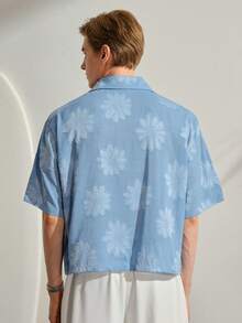 VeloEdit Blue New Spring/Summer Jacquard Floral & White Casual Vacation Party Short Sleeve Shirt Light Graphic Men Vintage Baby Hawaiian Old Money Style GiftFall Winter - Blue - View 3