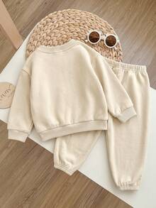 SHEIN Baby Girl Knit Solid Color Letter Pattern Crew Neck Casual Sweatshirt And Long Pants 2-Piece Set - Apricot - View 2