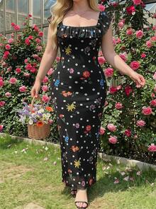 SHEIN MOD 大码碎花波点图案中长连衣裙，适合女士穿着，波点连衣裙，新年装，秋季连衣裙，冬季连衣裙，感恩节连衣裙，浪漫连衣裙，迷人连衣裙，婚礼宾客连衣裙，派对连衣裙，沙滩连衣裙，优雅连衣裙，黑色连衣裙，舞会连衣裙，毕业典礼连衣裙，法式复古连衣裙，复古连衣裙，露肩连衣裙 - 彩色 - 查看 10