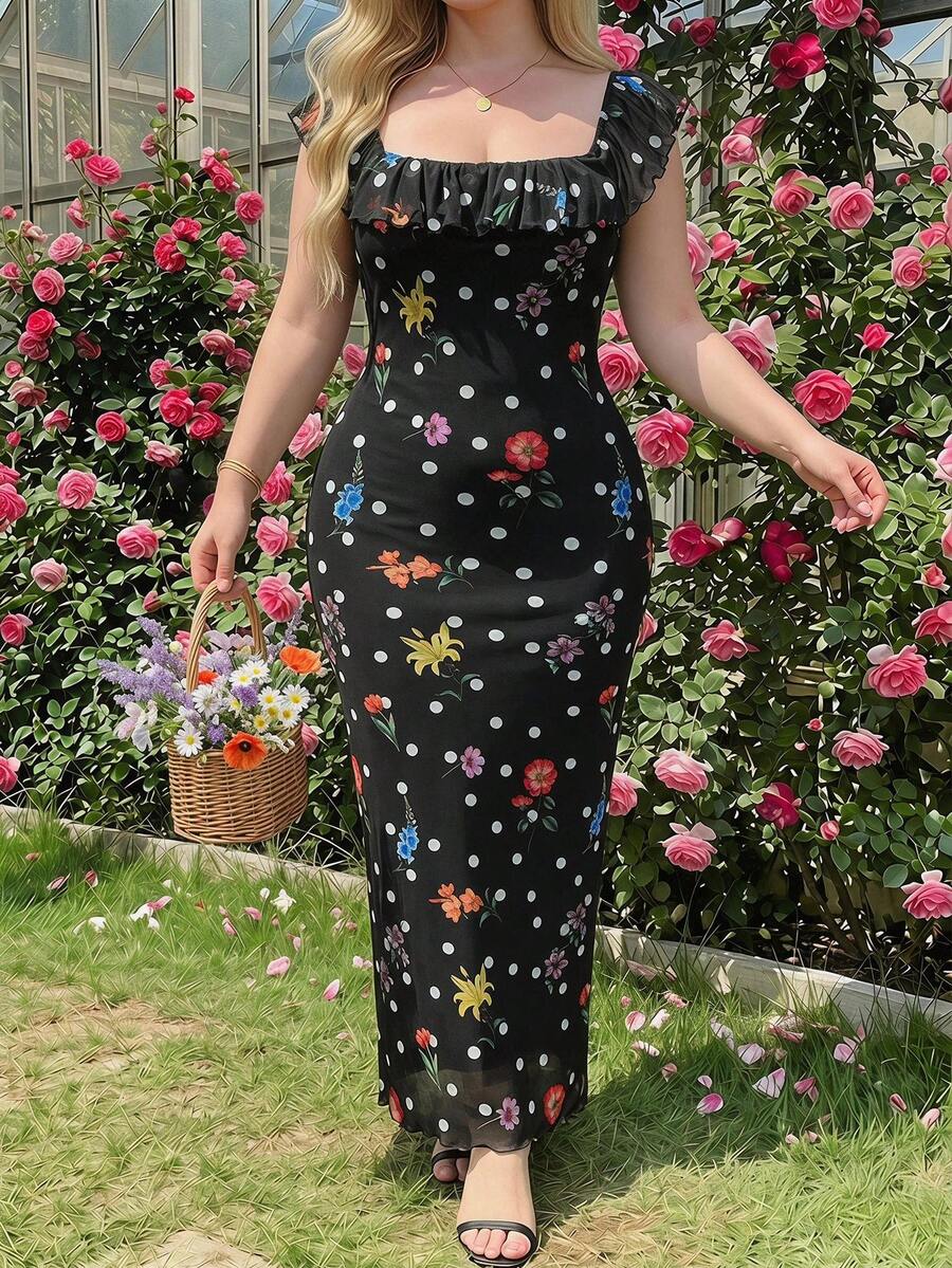 SHEIN MOD 大码碎花波点图案中长连衣裙,适合女士穿着,波点连衣裙,新年装,秋季连衣裙,冬季连衣裙,感恩节连衣裙,浪漫连衣裙,迷人连衣裙,婚礼宾客连衣裙,派对连衣裙,沙滩连衣裙,优雅连衣裙,黑色连衣裙,舞会连衣裙,毕业典礼连衣裙,法式复古连衣裙,复古连衣裙,露肩连衣裙 - 彩色 - 查看 1