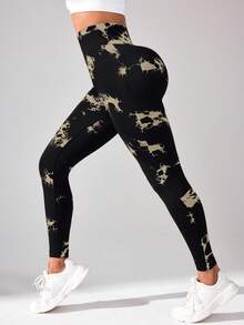 SHEIN Sports 女士扎染高腰休闲健身紧身裤 - 黑色 - 查看 5
