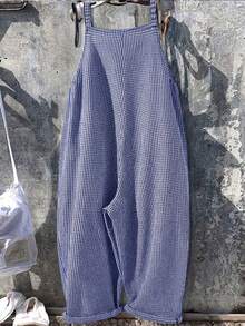 SHEIN LUNE CURVE 大尺碼泡泡格紋休閒寬鬆大口袋綁帶連身褲 夏季度假休閒出遊連身褲 - 藍色 - 查看 2