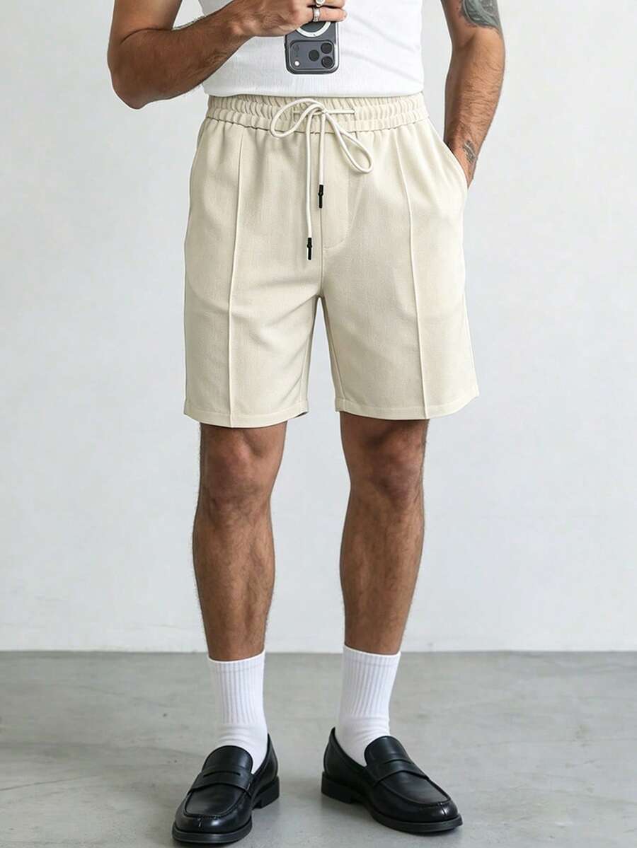 HUEFORM Men's Beige Summer Casual Vacation Shorts,Basic Apricot Textured Fabric,Pleated Design Flattering Fit,Suitable For Outdoor Activities & Holiday Wear - Apricot - View 1