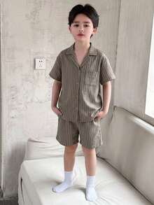 Dazy Kids Setelan Santai Musim Panas untuk Anak Laki-Laki: Atasan Lengan Pendek Bergaris Kancing Tunggal dan Celana Pendek - Khaki - View 5
