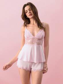 Bonmuse 两件套女士粉色深V领蕾丝拼接露背睡衣套装，家居服套装 - 粉色 - 查看 5