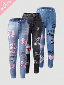 Leggings multicolor con efecto denim, estampado de grupo de chicas, letras y lazo para niña joven - Multicolor - Ver 7