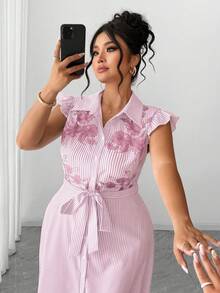 SHEIN Clasi 夏季女款大尺碼優雅休閒歐美通勤風上衣洋裝，荷葉邊飄逸袖、收腰設計、A字裙擺、腰部蝴蝶結，復古華麗風，適合音樂節、通勤、購物 - 粉色 - 查看 4