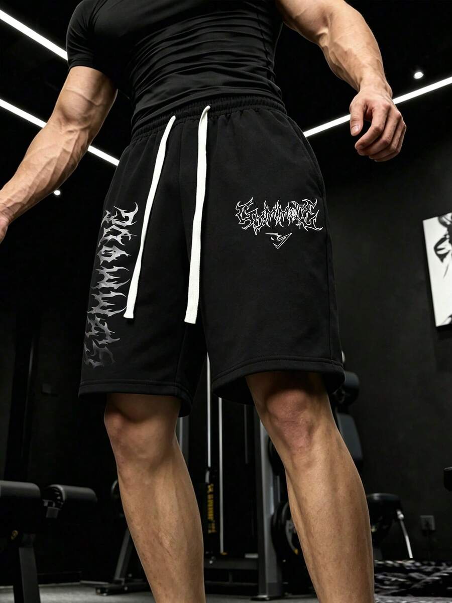 GymBeat Men's Drawstring Waist Letter Print Casual Versatile Daily Travel Sports Shorts, Gym - Black - View 1