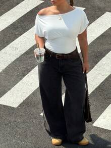 Muchica Plus Size Women's Asymmetrical Shoulder Solid Color Bodysuit Suitable For Commuting Bussines Semi Formal Outings Daily Wear White Summer Baggy Casual - White - View 6