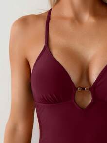 Swim Basics 女款小珠飾掛脖式一件式泳衣，度假適用 - 酒紅色 - 查看 3