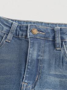 SHEIN Girlism Tween Girl Pocket Button Fashion Versatile Flared Denim Jeans - Light Wash - View 3