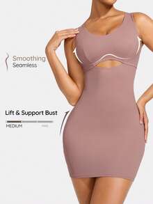 SHAPORA Vestido Moldeador Con Ribete De Pom Pom Y Cuello Redondo De Color Sólido Para Mujeres - Rosa vieja - Ver 1