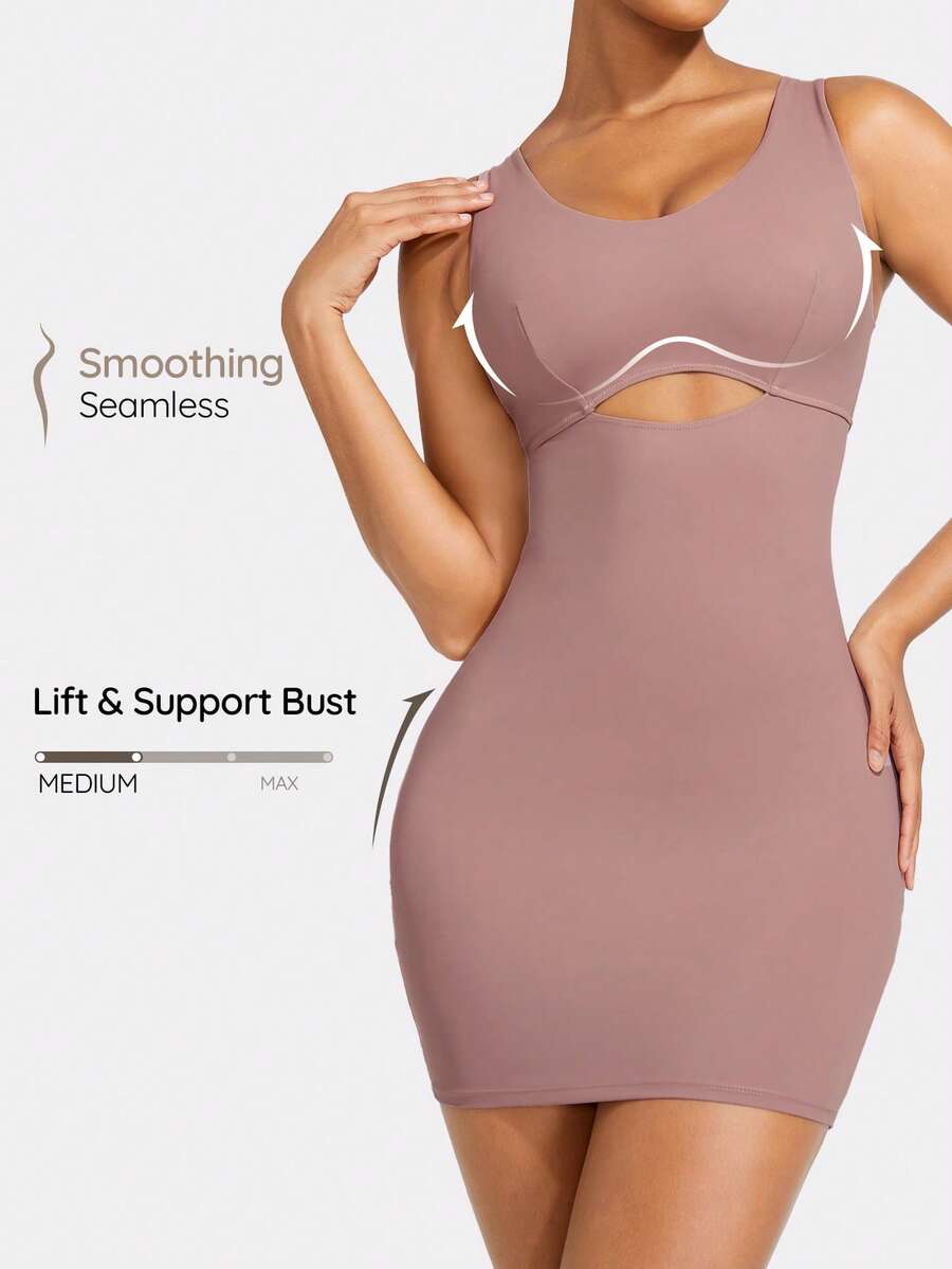SHAPORA Vestido Moldeador Con Ribete De Pom Pom Y Cuello Redondo De Color Sólido Para Mujeres - Rosa vieja - Ver 1