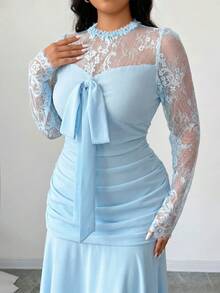 Modelyn French Design Lace Patchwork Bow Women's Long Dress Fall - Blue - View 5
