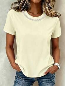 EMERY ROSE Women's Round Neck Embellished Chain Design Short Sleeve Casual T-Shirt, Summer Pearl T-Shirt, Bling Top - Apricot - View 1