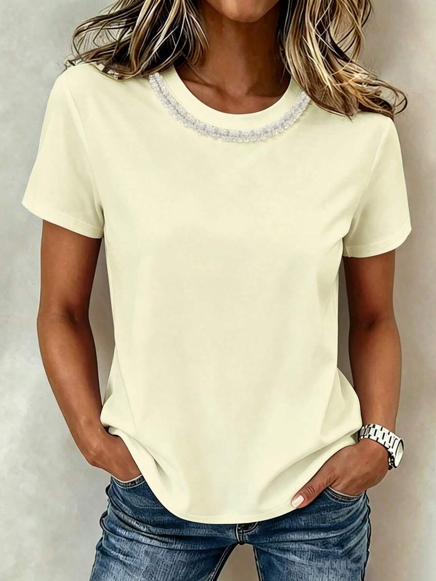 EMERY ROSE Women's Round Neck Embellished Chain Design Short Sleeve Casual T-Shirt, Summer Pearl T-Shirt, Bling Top - Apricot - View 1