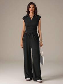SHEIN Tall 女款休閒 Polo 領短袖上衣與長褲 2 件套 春季套裝 女款休閒套裝 夏季穿搭 春假穿搭 Y2K - 黑色 - 查看 4