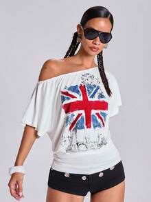 ACID BLVD Summer Y2K Street Style Hot Girl Vintage British Flag Print Pocket Waist-Cinched Loose T-Shirt - White - View 4