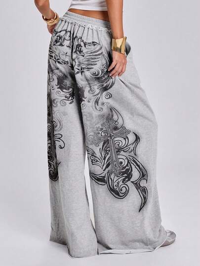 Pantaloni della tuta da donna stile Y2K street style primavera/estate per festival musicali e sportivi, con stampa slogan a croce e ali sulla schiena, gamba dritta ampia e vita bassa