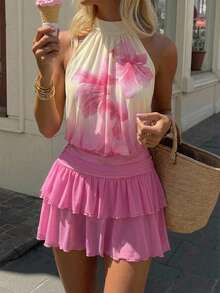 Aloruh Women's Sexy Tropical Elegant Halter Neck Ruched Flounce Hem Mini Dress Beach Vacation Beige Summer - Pink - View 1
