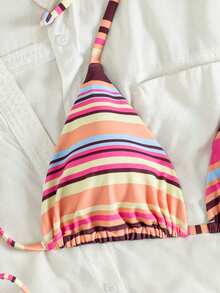 Swim Vcay Spring/Summer Women's 2 Pieces Sexy Bikini Swimwear Set, Halter Neck Tie, Colorful Striped Random Cut Pattern, Women's Beachwear Swimwear Set - Multicolor - View 4