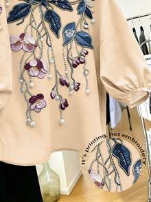 SHEIN Franclia 女款短袖花卉印花米色優雅浪漫度假派對花園襯衫 春夏季 - 杏色 - 查看 4